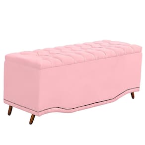 Calçadeira Baú Casal Estofada Maitê Veludo Cor Rosa Bebe