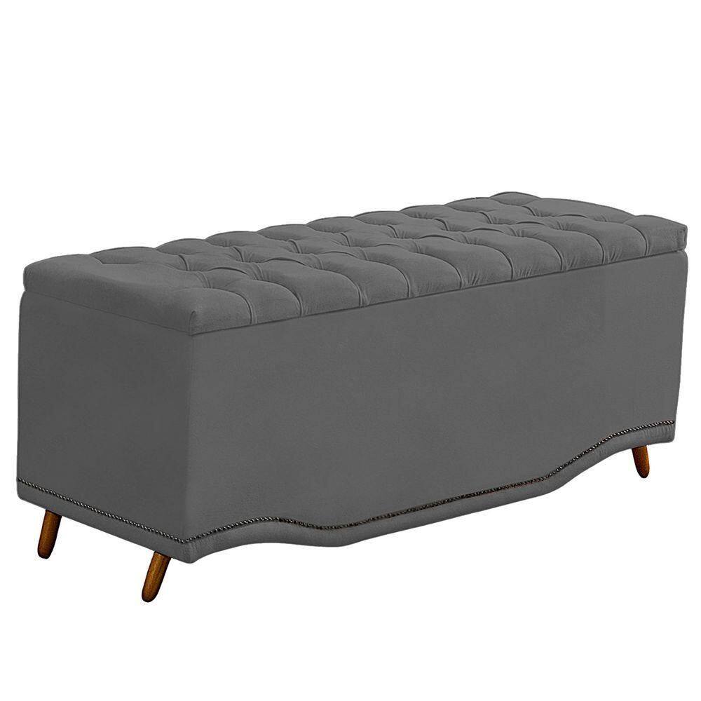 Calçadeira Baú Queen Estofada Maitê Veludo Cor Cinza Chumbo