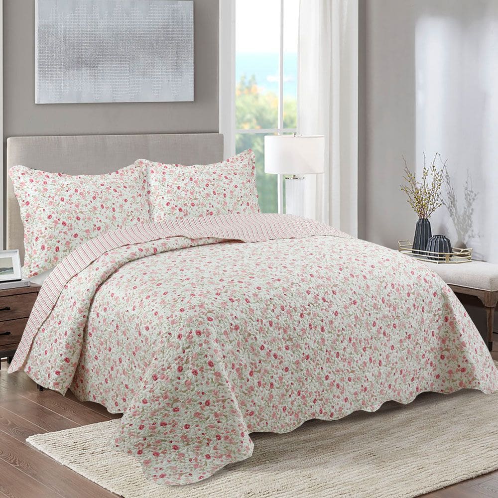 Kit Cobre Leito Colcha Mix Queen Estampado Dupla Face Floral 3 Peças - Lislie - Palha