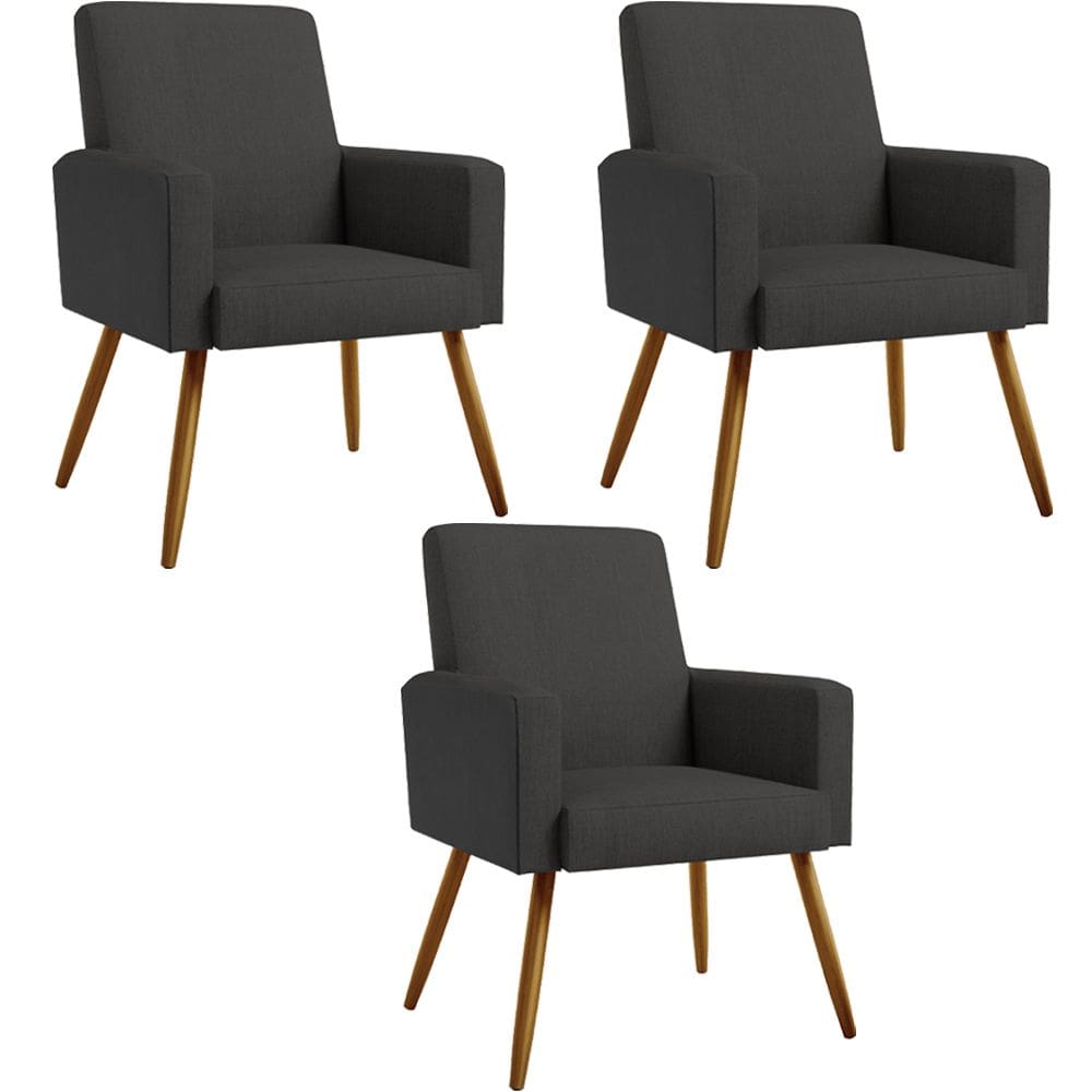 Kit 03 Poltronas Decorativa Maria W01 Pés Palito Linho Chumbo Couríssimo Preto - Lyam Decor