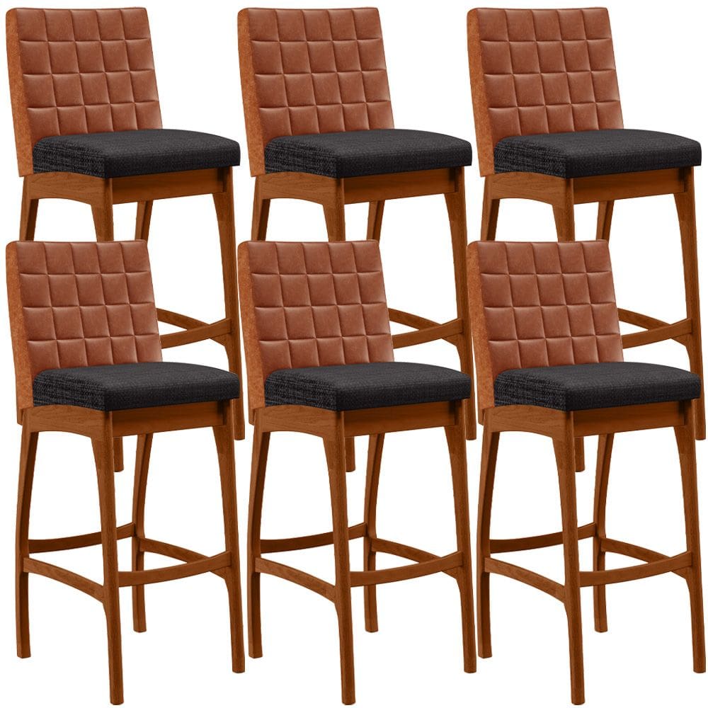 Kit 06 Banquetas Altas Cozinha Sala Jantar Fixa Mila B04 Couríssimo Camel Linho Chumbo - Lyam Decor