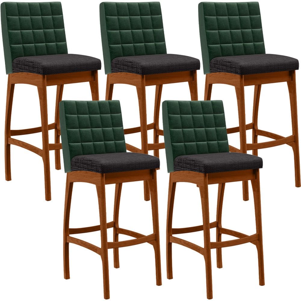 Kit 05 Banquetas Altas Cozinha Sala Jantar Fixa Mila B04 Facto Verde Musgo Linho Chumbo - Lyam Decor