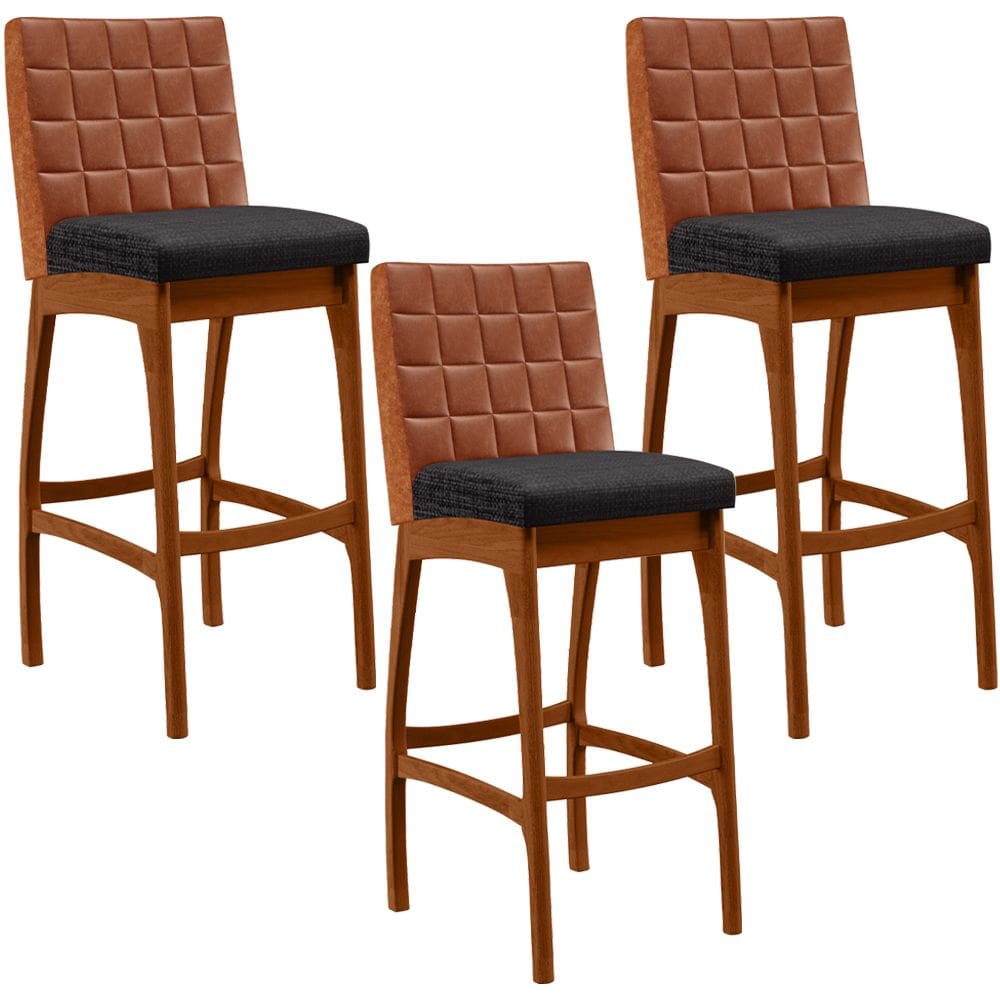 Kit 03 Banquetas Altas Cozinha Sala Jantar Fixa Mila B04 Couríssimo Camel Linho Chumbo - Lyam Decor