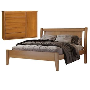 Conjunto Cama de Casal em Madeira Maciça 140cm Florença e Cômoda 5 Gavetas com Sapateira Unique Amêndoa Mel