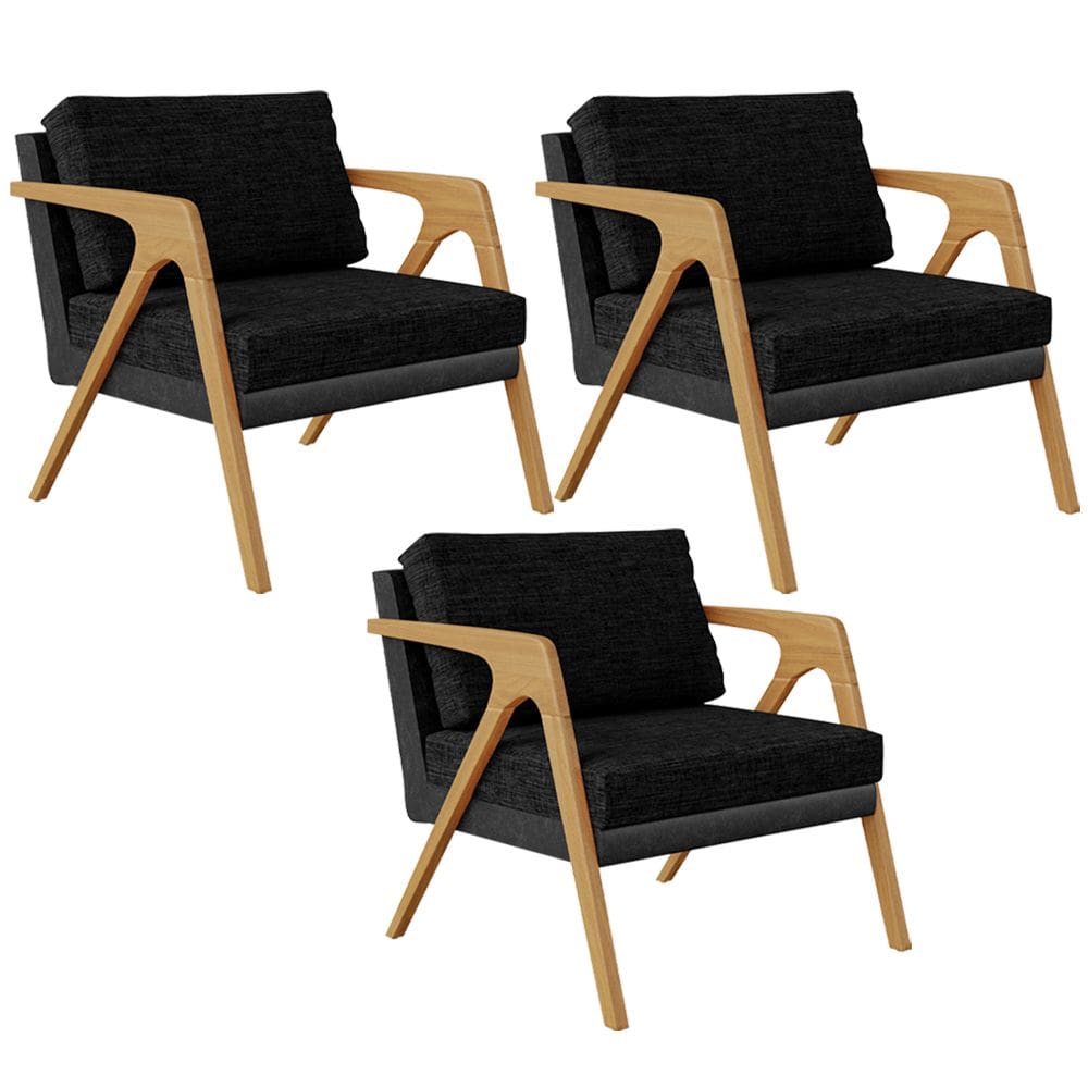 Kit 03 Poltronas Decorativas Sala Estar Pietra L02 Couríssimo Preto Linho Chumbo - Lyam Decor
