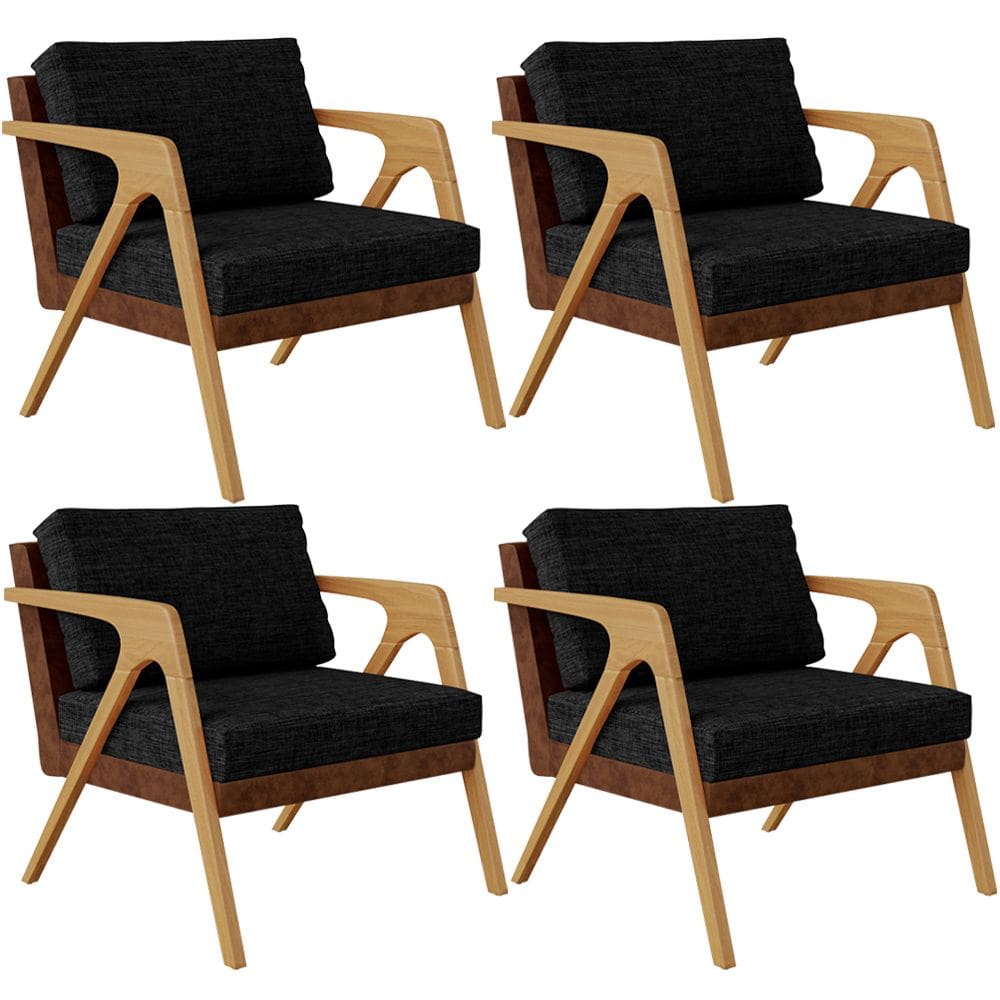 Kit 04 Poltronas Decorativas Sala De Estar Pietra L02 Couríssimo Marrom Linho Chumbo - Lyam Decor