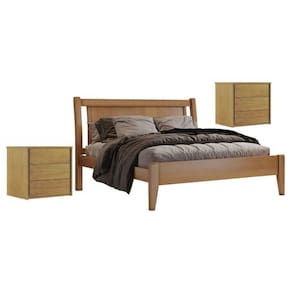 Conjunto Quarto de Casal Cama em Madeira Maciça 140cm e 2 Mesas de Cabeceira 3 Gavetas Unique Amêndoa Mel