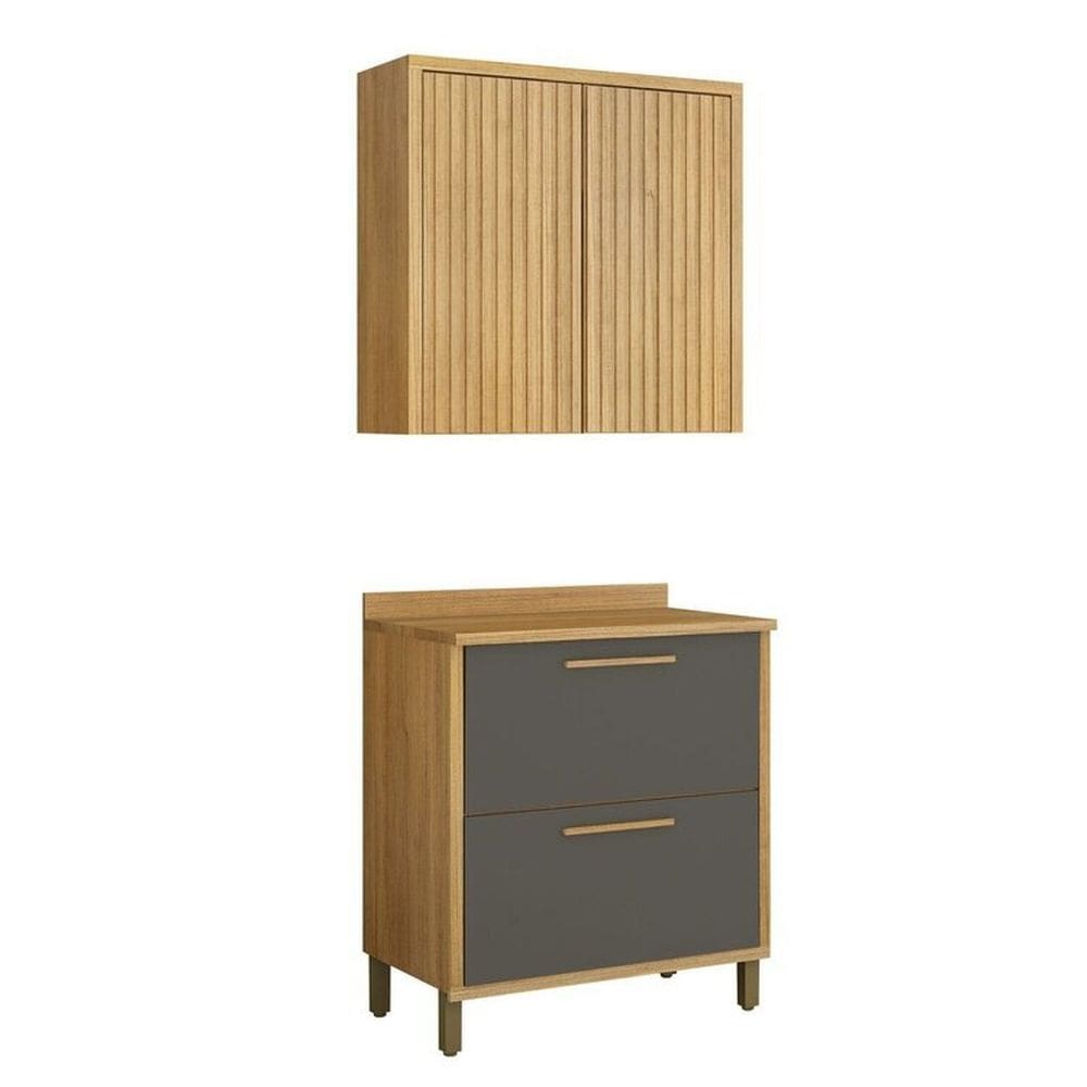Conjunto de Armário Aéreo para Cozinha 80cm 2 Portas Ripado e Balcão 2 Portas 80cm Torino Cinamomo/Grafite