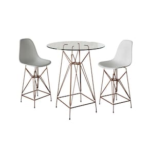 Jogo Mesa Bistrô Eames Eiffel Vidro 60cm 2 Banquetas Branca Base Ferro Cobre