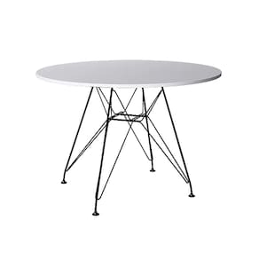 Mesa de Jantar Eames Eiffel Redonda 110cm Madeira Branca com Base Ferro Preto