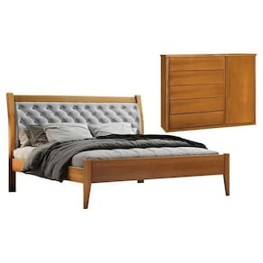 Conjunto Quarto de Casal Cama Queen 160cm Vivare e Cômoda 5 Gavetas com Sapateira Unique Amêndoa Mel/Cinza Claro