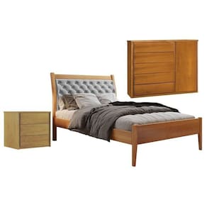 Conjunto Cama Solteiro Vivare, Cômoda 5 Gavetas Unique e Mesa de Cabeceira 3 Gavetas Unique Amêndoa Mel/Cinza Claro
