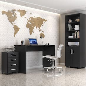Conjunto Home Office 3 Peças com Escrivaninha Gávea, Gaveteiro com Rodízio e Armário Espresso Móveis Preto