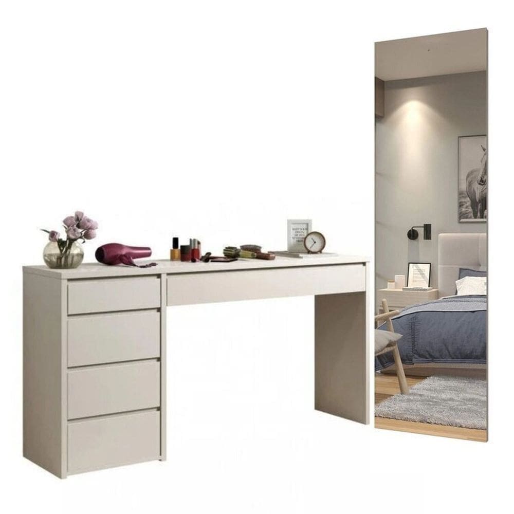 Conjunto para Quarto Escrivaninha 5 Gavetas Berlim e Espelho Retangular 180cm Flora Branco/Off White