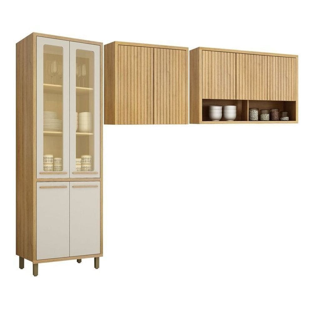 Conjunto de Cozinha Armário Paneleiro 4 Portas com Vidro e 2 Armários Aéreo Ripado Torino Cinamomo/Off White