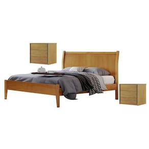Conjunto Quarto de Casal Cama Queen 160cm e 2 Mesas de Cabeceira 3 Gavetas com Sapateira Amêndoa Mel