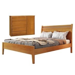 Conjunto Quarto de Casal Cama Madeira Maciça Detalhe Rattan e Cômoda 5 Gavetas com Sapateira Unique Amêndoa Mel