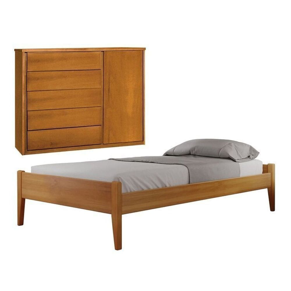 Conjunto Quarto de Solteiro Madeira Maciça Cama sem Cabeceira e Cômoda 5 Gavetas com Sapateira Amêndoa Mel