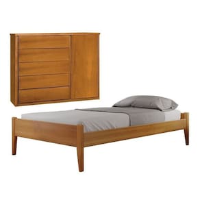 Conjunto Quarto de Solteiro Madeira Maciça Cama sem Cabeceira e Cômoda 5 Gavetas com Sapateira Amêndoa Mel
