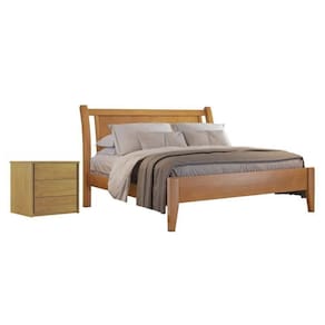 Conjunto Quarto de Casal Cama Queen Madeira Maciça e Mesa de Cabeceira 3 Gavetas Unique Amêndoa Mel