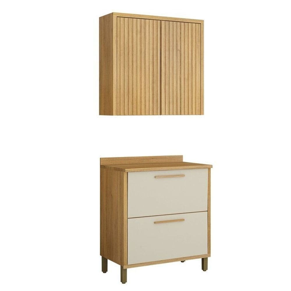 Conjunto de Cozinha Armário Aéreo 80cm 2 Portas Ripado e Balcão 2 Portas 80cm Torino Cinamomo/Off White