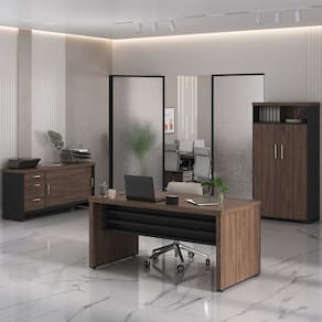 Conjunto para Escritório 3 Peças Mesa Tamburato 1600 Armário com Nicho e Balcão com Gavetas Charuto/Preto