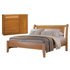 Conjunto Quarto de Casal Cama Queen Madeira Maciça e Cômoda 5 Gavetas Detalhes em Rattan Unique Amêndoa Mel