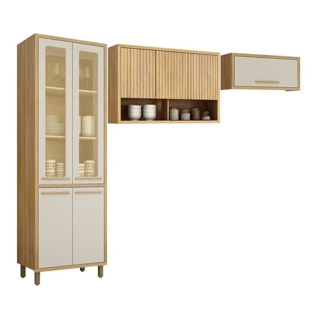 Conjunto de Cozinha Armário Paneleiro 4 Portas com Vidro e 2 Armários Aéreo Ripado Torino Cinamomo/Off White