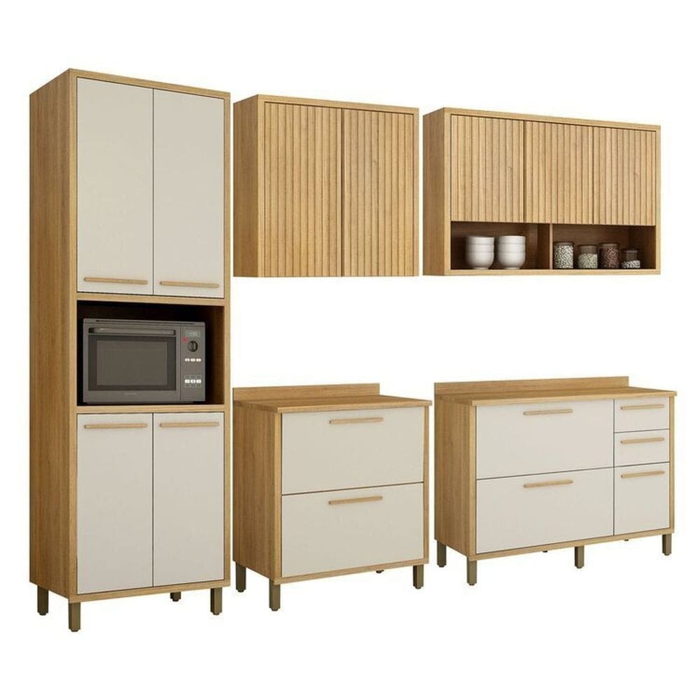 Conjunto Cozinha Completo com Armário Paneleiro 4 Portas com Nicho 2 Armários Aéreo e 2 Balcões Cinamomo/Off White
