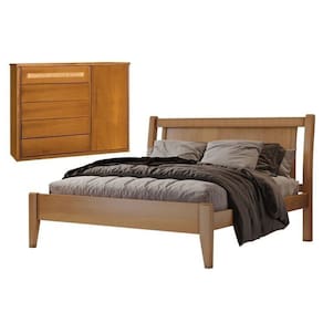 Conjunto Quarto de Casal Cama em Madeira Maciça e Cômoda 5 Gavetas com Sapateira Rattam Unique Amêndoa Mel
