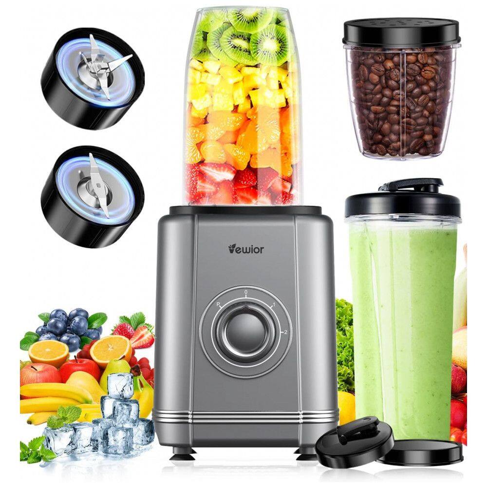 Liquidificador para Shakes e Smoothies 500mL com Acessórios, 6 Lâminas e 3 Velocidades, 1200W, VEWIOR, Cinza