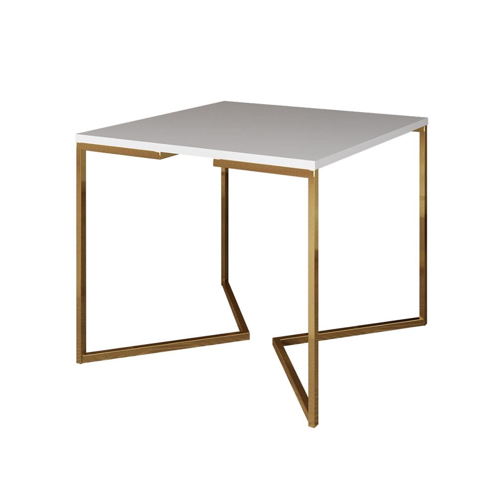 Mesa de Jantar Industrial Quadrada Branca 90cm Base V Dourada