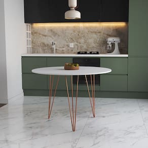Mesa de Jantar Redonda 90cm Branca Clips 3 Pés Base Cobre