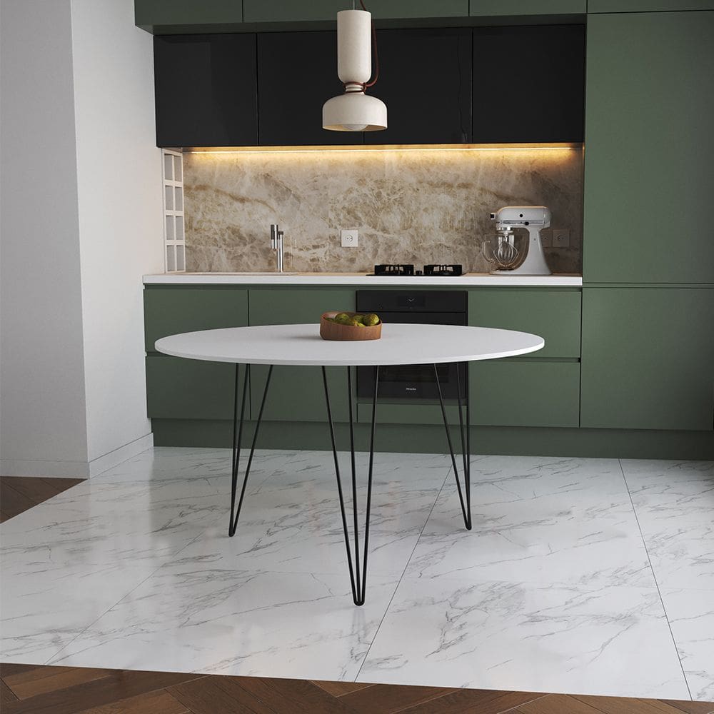 Mesa de Jantar Redonda 110cm Branca Clips 3 Pés Ferro Preto