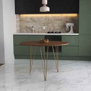 Mesa de Jantar Redonda 90cm Amêndoa Clips 3 Pés Base Dourada