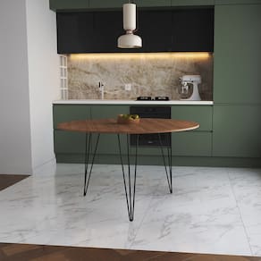 Mesa de Jantar Redonda 110cm Amêndoa Clips 3 Pés Ferro Preto