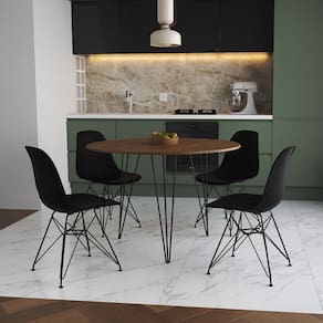 Mesa de Jantar Premium Redonda 90cm Amêndoa Clips 3 Pés com 4 Cadeiras Eames Eiffel Pretas Ferro Pre