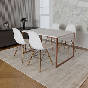 Mesa Industrial Luxo Base Ferro Cobre 137x90 Tampo Branco 4 Cadeiras Eiffel Madeira Assento Branco