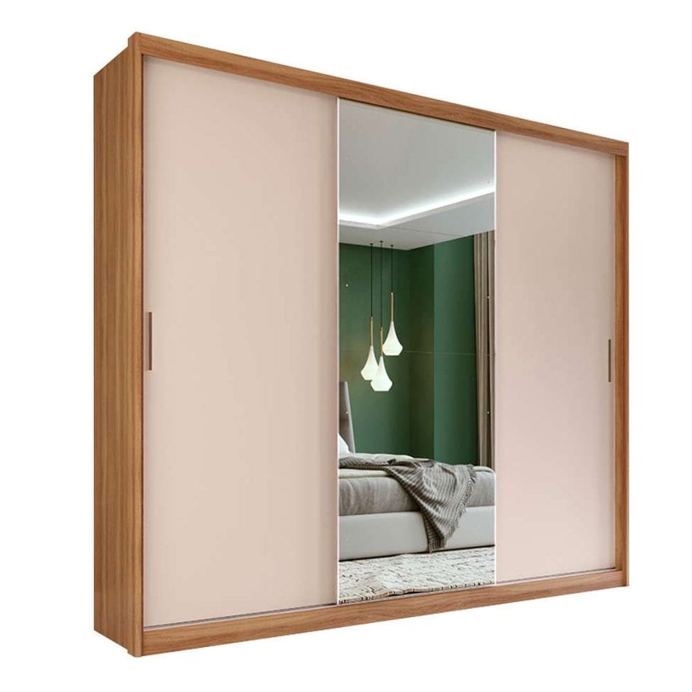 guarda-roupa casal com espelho dalila flex com prateleiras 3 pt 4 gv amêndola e off white