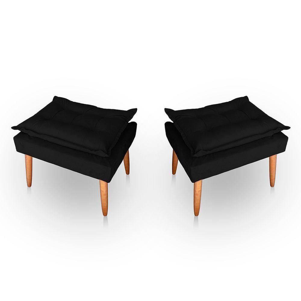 Kit 02 Puff Para Sala E Quarto Madeira Decorativo Opala Suede Cor Preto
