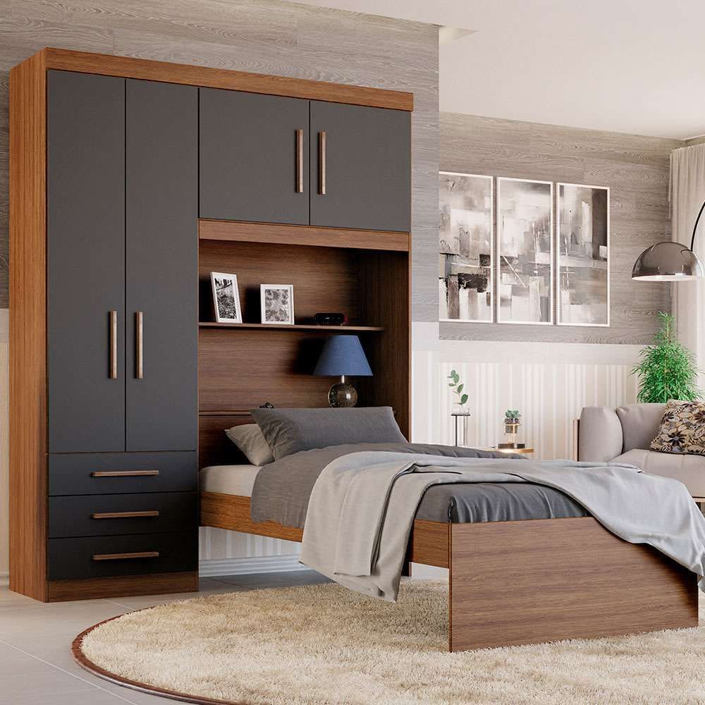 guarda-roupa solteiro com cama e baú advantage 4 pt 3 gv ipê wood e grafite