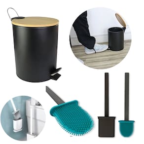 Kit Banheiro Lixeira Escova Sanitária Limpeza Higiene Bambu