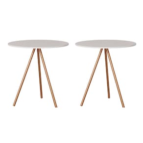 Kit 2 Mesas Lateral Decorativa Gabriela Base Cobre Tampo Redondo Branco - Casa Prime