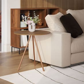 Mesa Lateral Decorativa Gabriela Base Cobre Tampo Redondo Amêndoa - Casa Prime