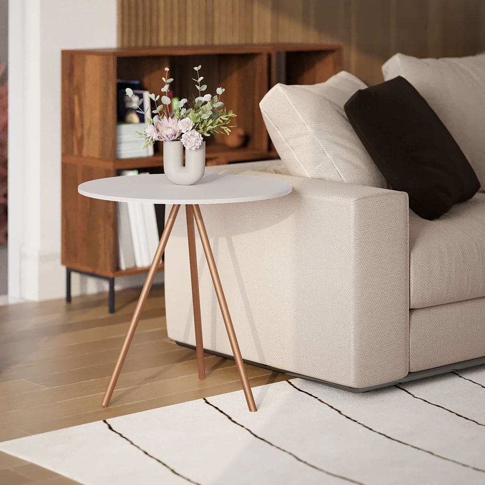 Mesa Lateral Decorativa Gabriela Base Cobre Tampo Redondo Branco - Casa Prime