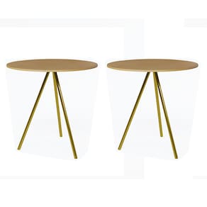 Kit 2 Mesas Lateral Decorativa Gabriela Base Dourada Tampo Redondo Canela - Casa Prime