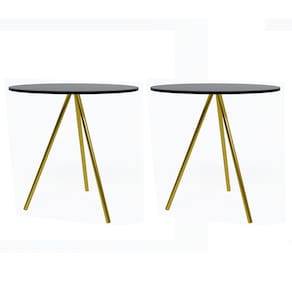 Kit 2 Mesas Lateral Decorativa Gabriela Base Dourada Tampo Redondo Preto - Casa Prime