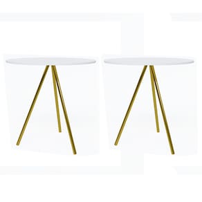 Kit 2 Mesas Lateral Decorativa Gabriela Base Dourada Tampo Redondo Branco - Casa Prime