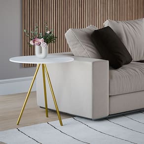 Mesa Lateral Decorativa Gabriela Base Dourada Tampo Redondo Branco - Casa Prime