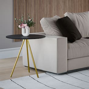 Mesa Lateral Decorativa Gabriela Base Dourada Tampo Redondo Preto - Casa Prime